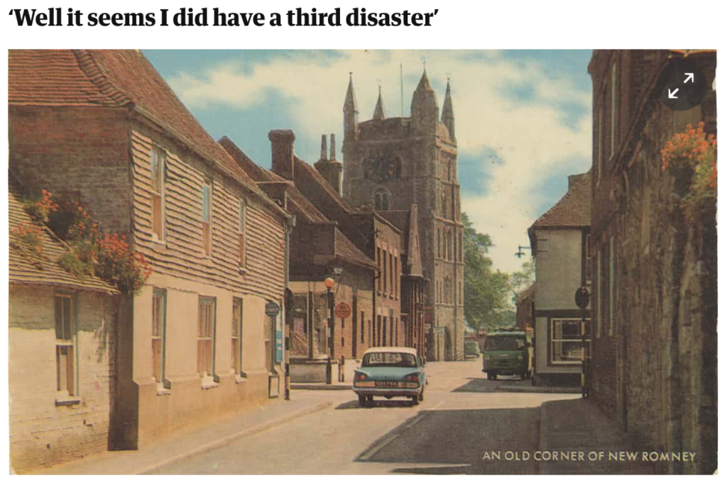 The image is a glorious study in English tranquillity: the beautiful dreamlike stillness of a bleached August afternoon in New Romney, Kent. A Caribbean Turquoise Ford Consul waits forever at an empty crossroads. But in sharp contrast to the card image, it appears the correspondent is dogged by calamity, three times cursed in fact. What is the disaster? What were the previous two? And will this third misfortune finally break the charm to set him or her free? 