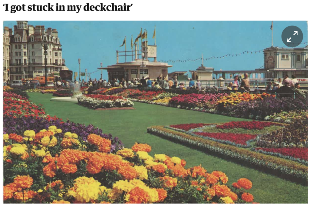 This card, showing the Carpet Gardens on Eastbourne’s promenade, has a splodge of brown residue on the back. It might be sweet tea, could possibly be blood, but looks more like gravy. I haven’t licked it. Card after card from this era relates the holidaymaker’s beach agenda: “Went on the beach today”, “Hope to go on the beach tomorrow”, “Wish the weather were better so we could go on the beach”. This correspondent tried, but it sounds like they made a mess of it. 